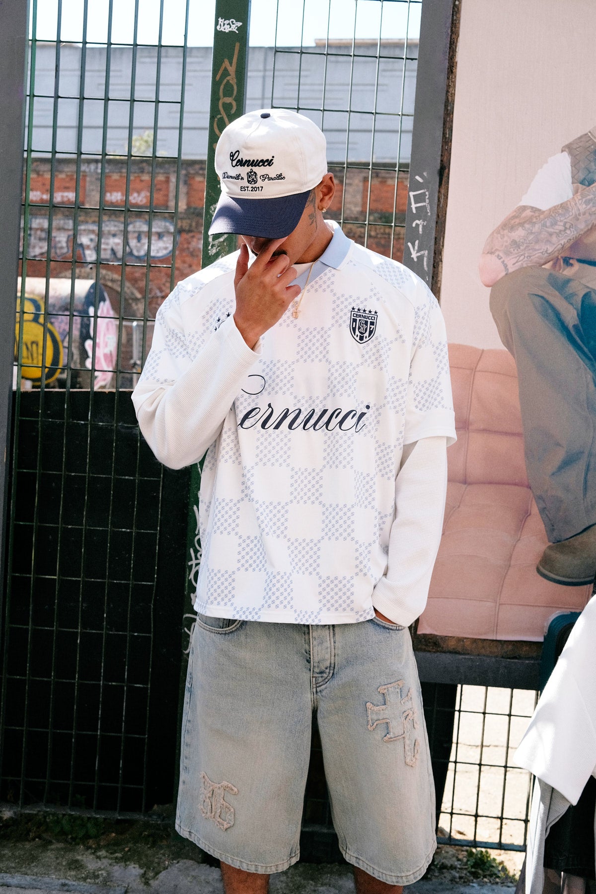 Check Printed Football Top - Light Blue